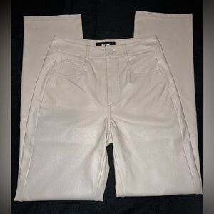 Paige Stella Faux Leather Slim-Fit Pants, leather pants, cream leather pants